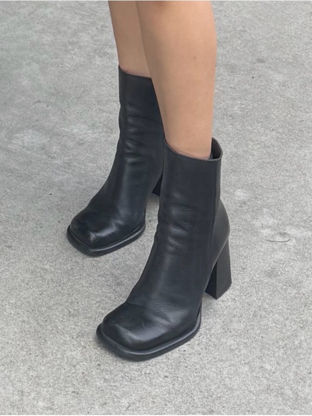 Vintage Italian Black Leather Square Toe Block Heel Ankle Boots - Size 40